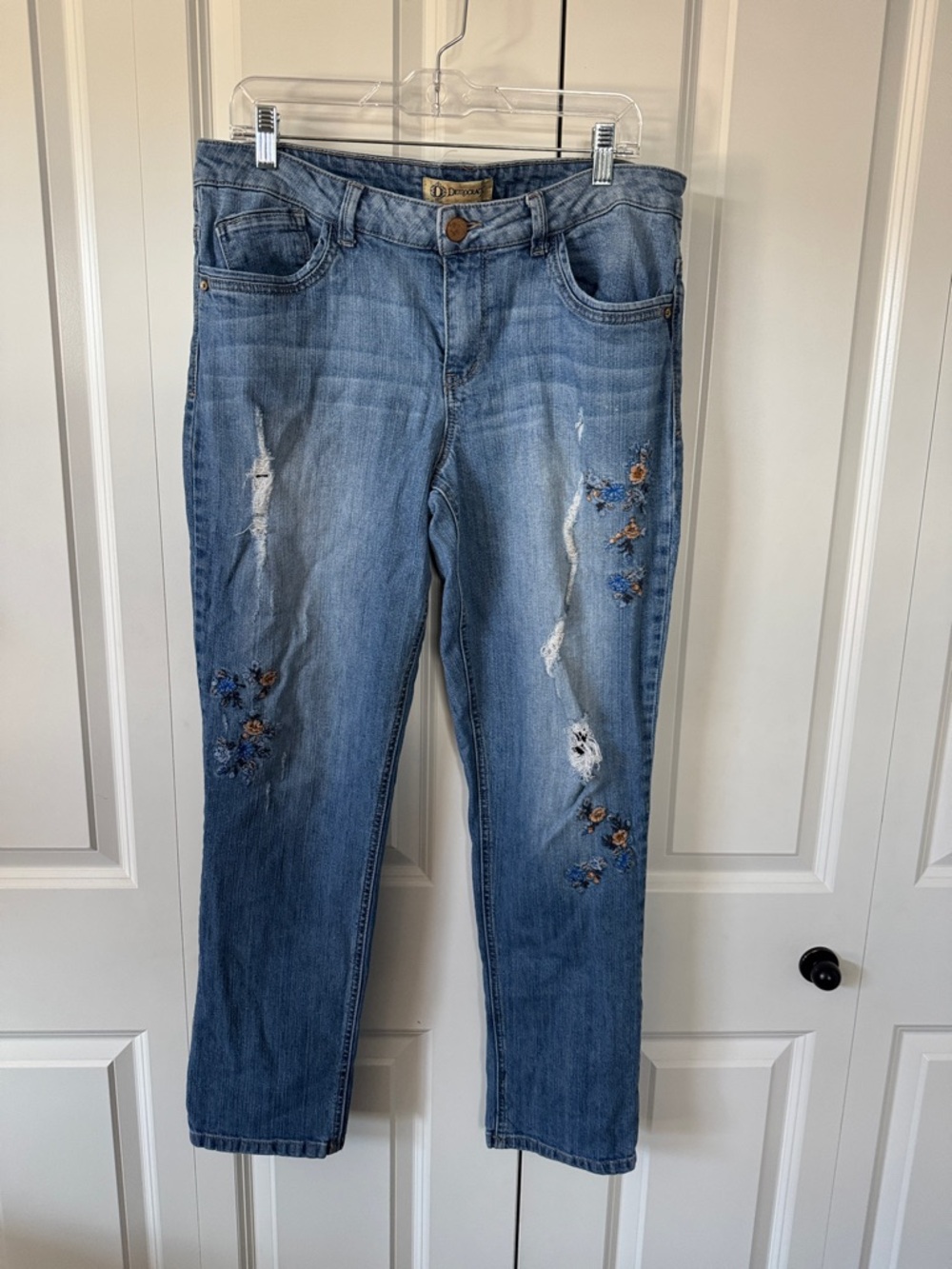 Democracy Light Blue Straight Leg Jeans with Floral Embroidery